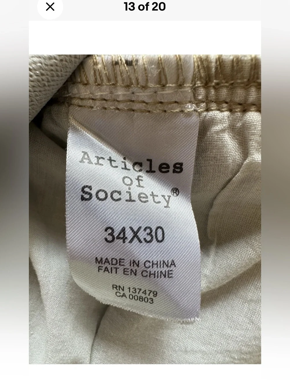 Articles OF Society Men’s 34x30 Baggy Fit Denim British Khaki Jeans